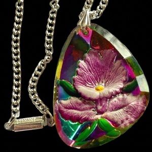 Vintage Reverse Carved Intaglio Glass Purple Orchid Pendant 24” Necklace Germany